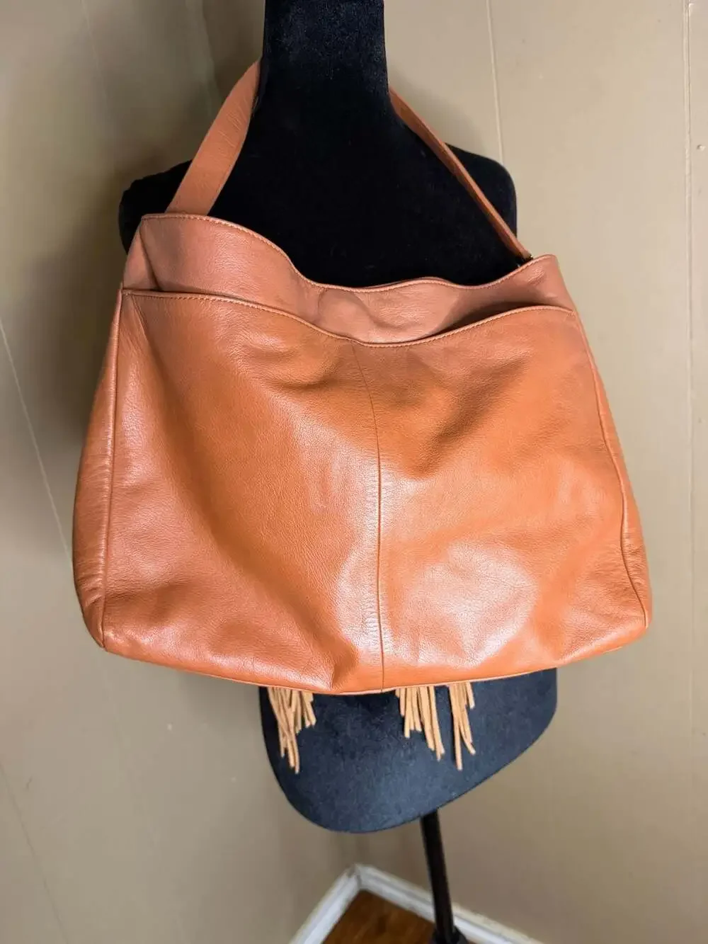 Elaine Turner Cognac Leather Fringe Hobo Shoulder Bag with Pink Lining